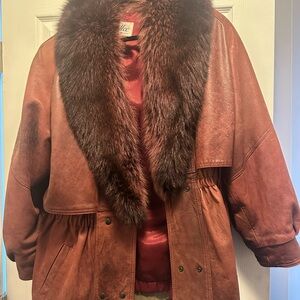 Luxurious Rust Brown Vintage Leather Jacket with real mink fur